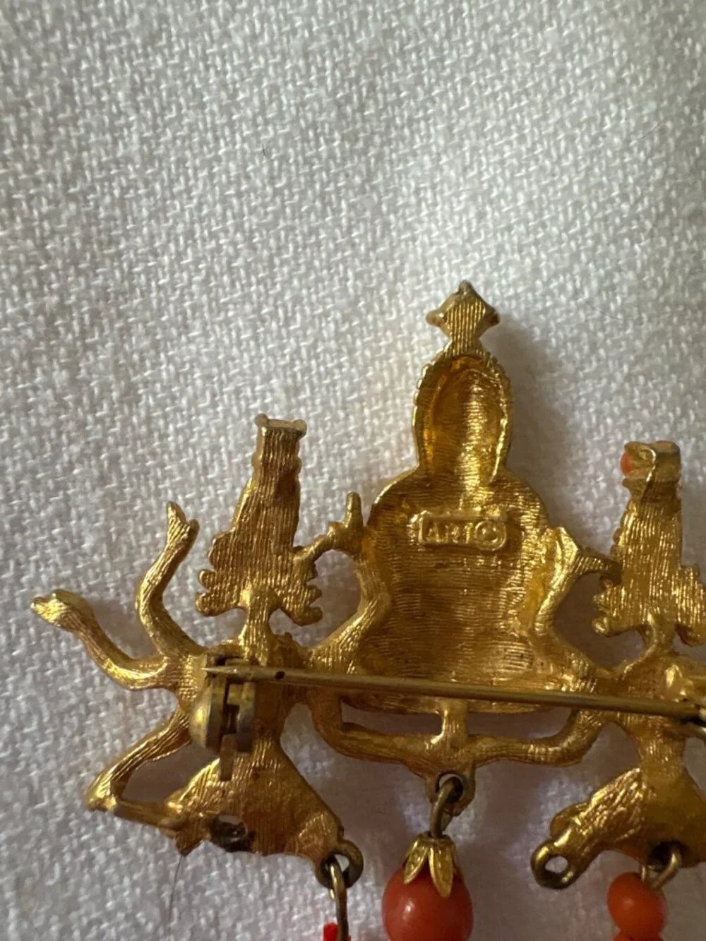 Vintage ARTCO Gold Buddha Signed Pin With Coral Dangles & Rhinestone Accent